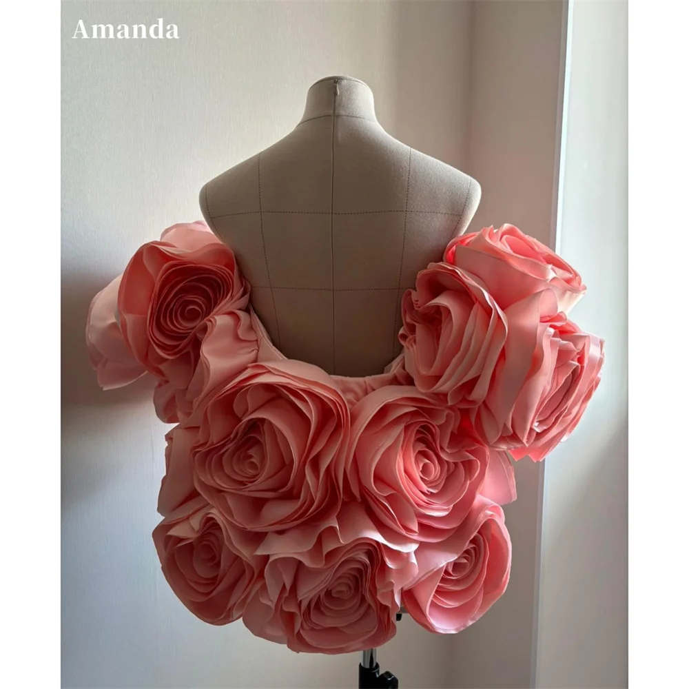 

Amanda Customized Pink Strapless 3D Flower Prom Dresses Detachable Shawl vestidos de noche Couture Satin Draped Formal Evening