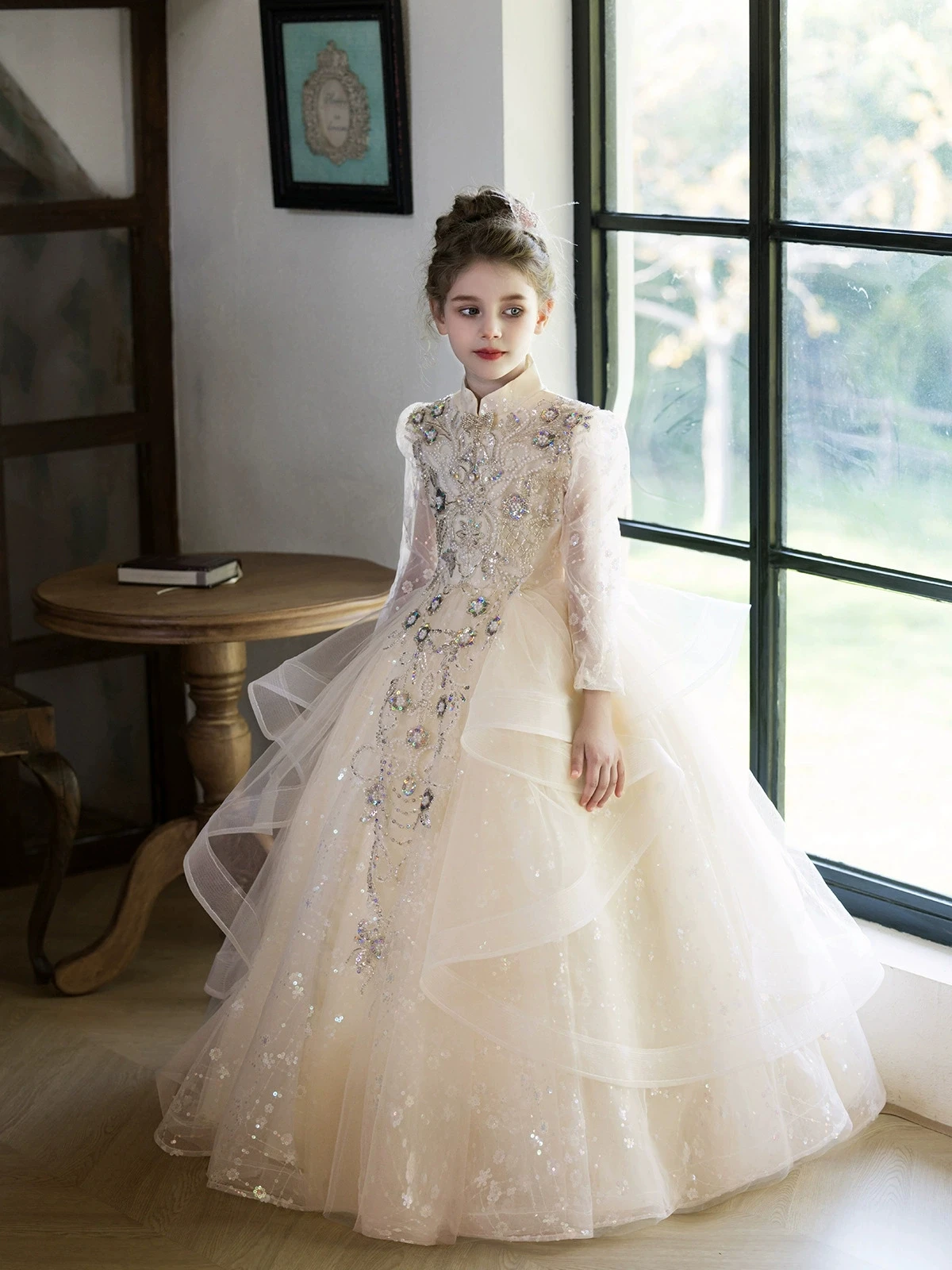 

Платье принцессы цвета шампань для девочек, праздничная одежда на Ид, детское вечернее платье для выступлений на фортепиано, костюм для детских вечеринок и торжеств