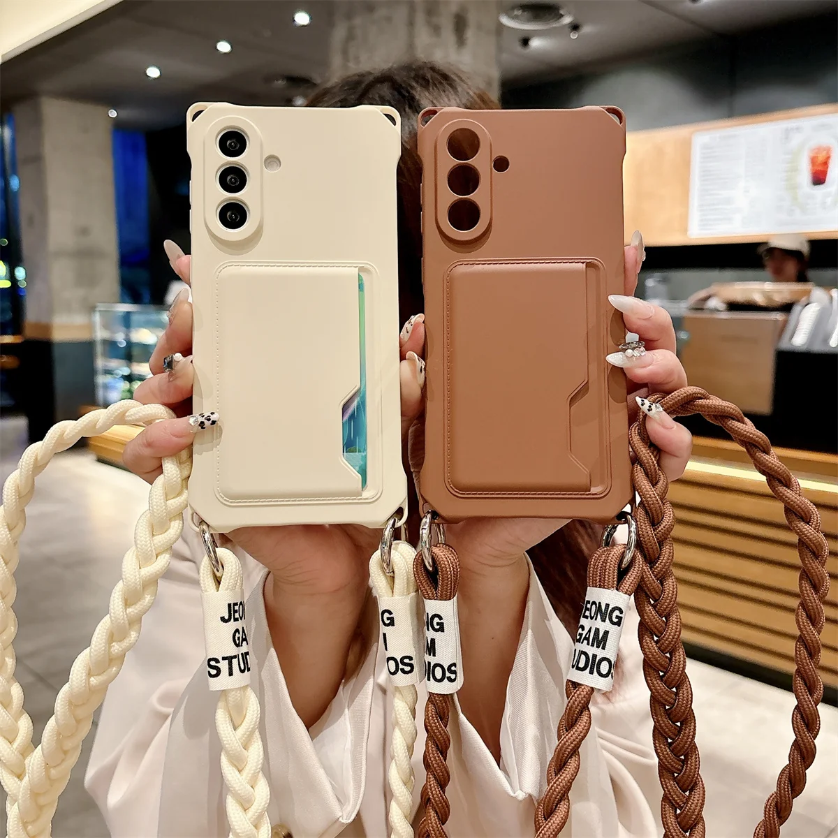 Etui na telefon Samsung Galaxy S25 S24 S23 S22 Ultra Plus z plecioną smyczą crossbody, portfel na karty, silikonowe etui