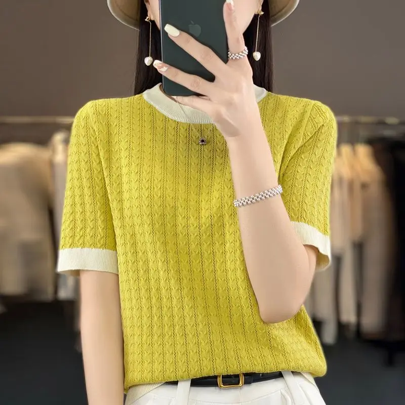 

2024 Women Summer New Fashion Commute Loose Contrast Color Screw Thread Hollow Out Round Neck Short Sleeve Knitted T-shirts Tops