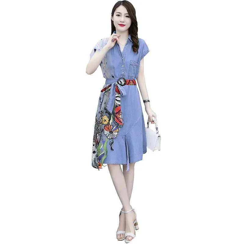 Summer 2024 New Waist-Shrinking And Slim Temperament Girl Dress Was Stitched With Gauze In Online Celebrity Denim Dress Women