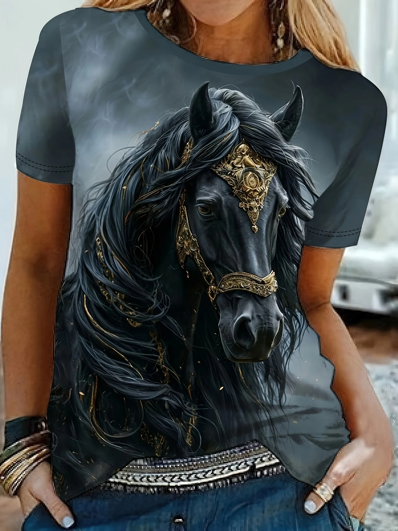 Women's Tee - Ornate Gilded Blue Horse Graphic, Regal Mythical Steed Design for Casual Daily Wear