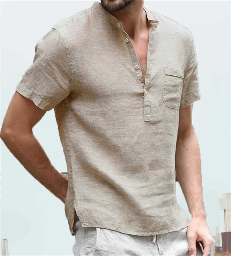 Summer Simple Cotton Linen Stand Neck Buckle Half Placket T-Shirt Men's Daily Casual Splicing Pocket Tees Male Thin Section Tops