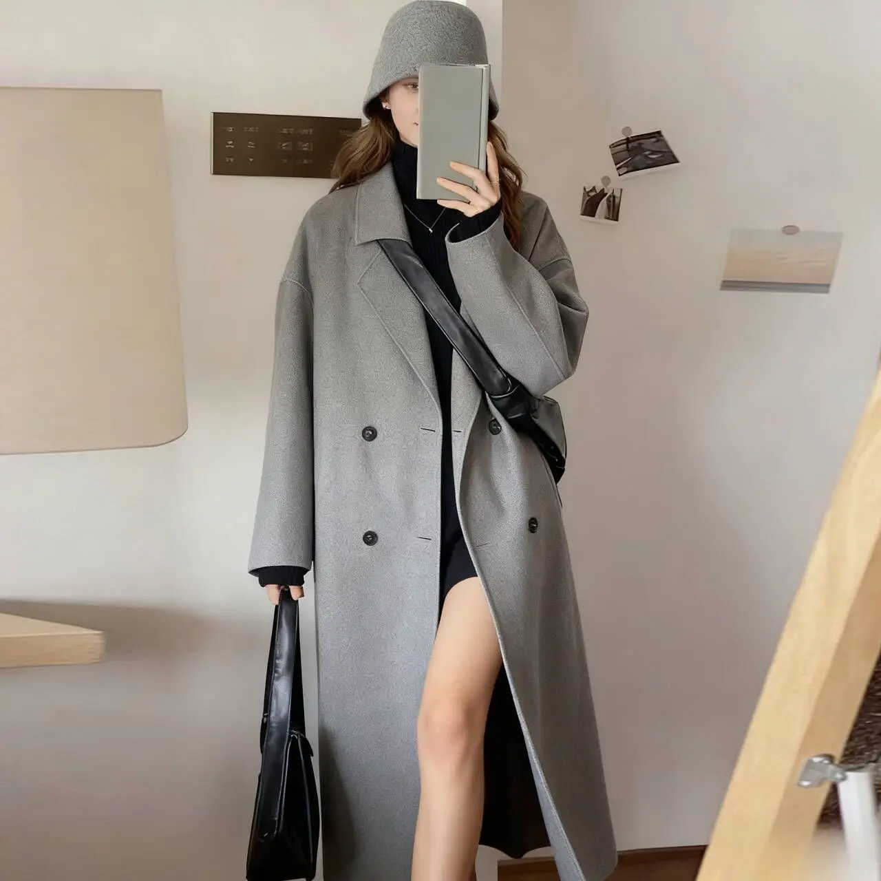 Wool Blend Coats Womens Woolen Coat Green Winter Buffalo Plaid Buttoned Lined Double-Layer Drop Shoulder Adjustable Waist-Fitted