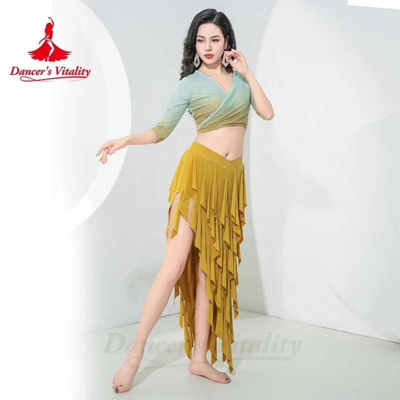 Belly Dance Costume for Women Mesh Half Sleeves and Fringed Long Skirt Oriental Professional Clothing Bellydance Wear Outfit