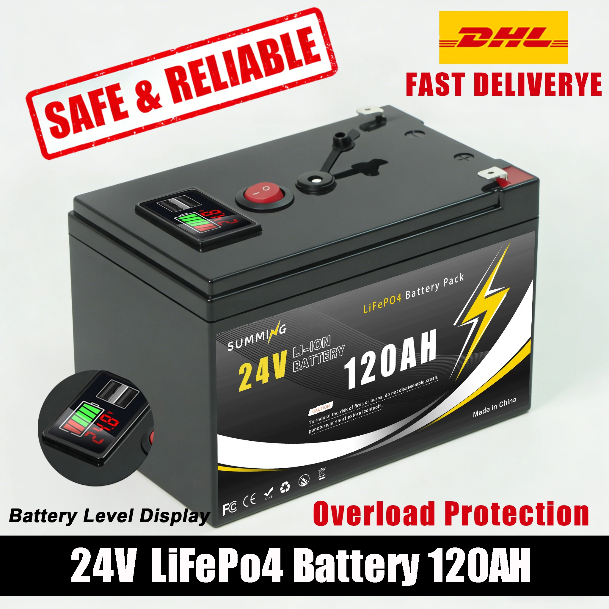 

High-Capacity 24V 120000mAH LiFePO4 Battery with Built-inBMS-Solution for Solar Panels, Motorhomes, Yachts&BackupPower