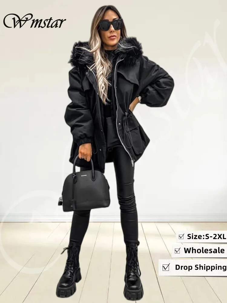 

Wmstar Down Coat Women Winter Clothes Puffer Jacket Elastic Waist Hoodies with Feather Parkas Out Wear Wholesale Dropshipping