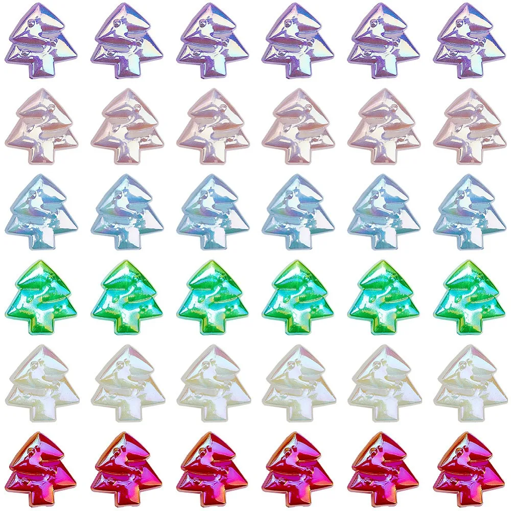 48Pcs 6 Colors Christmas Rainbow Iridescent Plating Acrylic Beads Glitter Beads Christmas Trees Mixed Color 25x24x9mm 8pcs/color