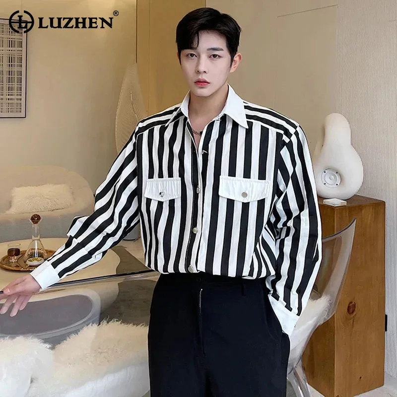 

LUZHEN Stripe Color Contrast Korean Stylish Long Sleeve Shirts Original Men's Handsome Trendy Korean Reviews Many Clothes LZ3541