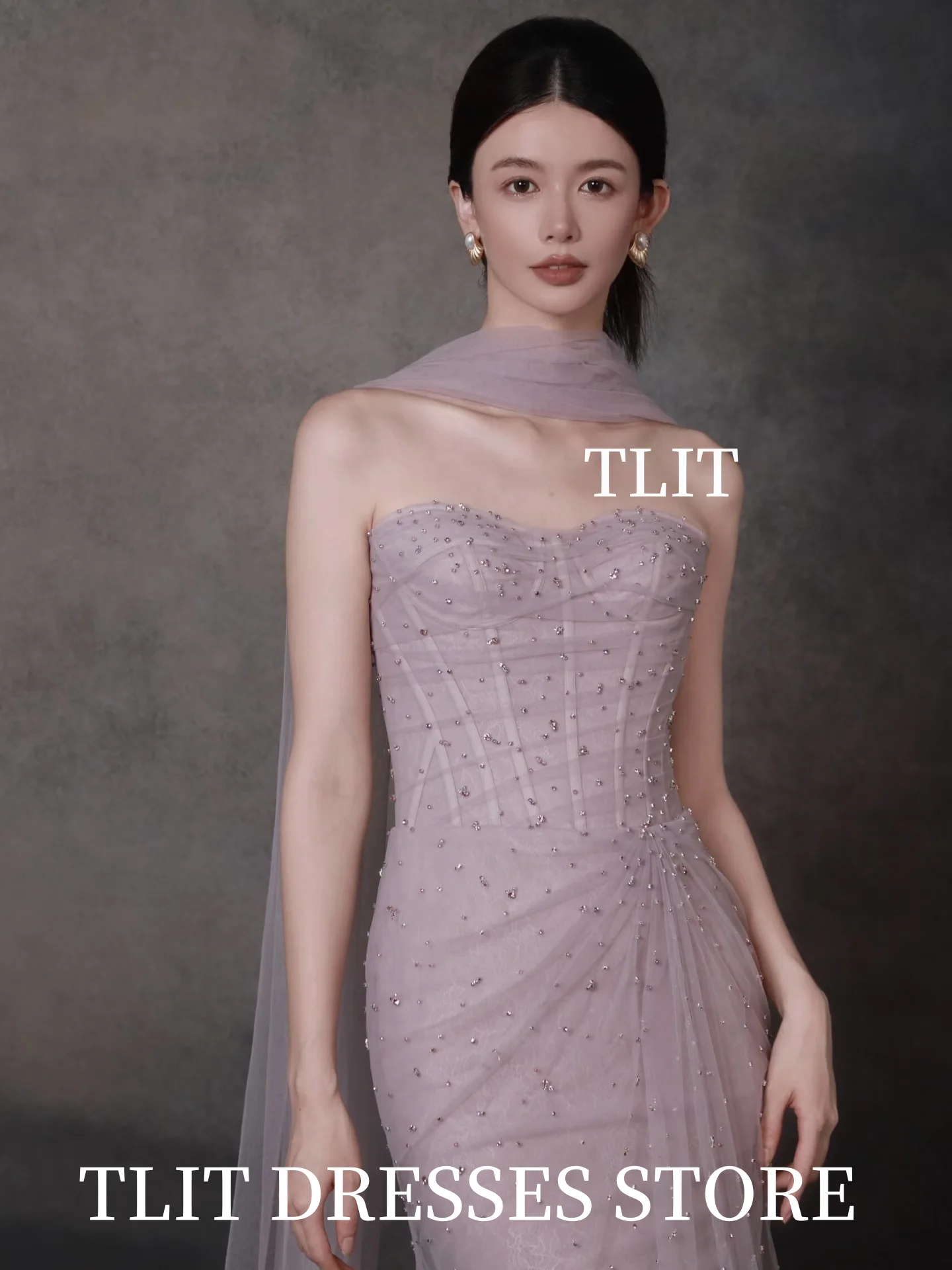 TLIT Gaun Pengantin Tulle Sutra Ungu Elegan 웨딩드레스 Selendang Panjang Mutiara Sayang Gaun Pengantin Korea Pemotretan Sesuai Pesanan