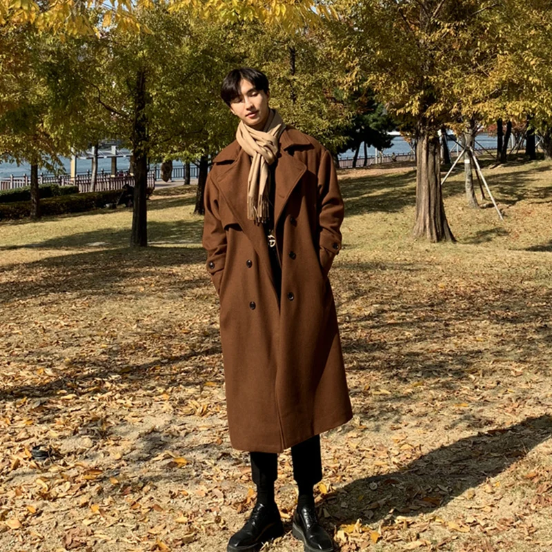 

Caramel Long Dust Coat Men Winter Trench Korean-style Mens Solid Double Breasted Woolen Coat Loose Casual Trenchcoat Outwear