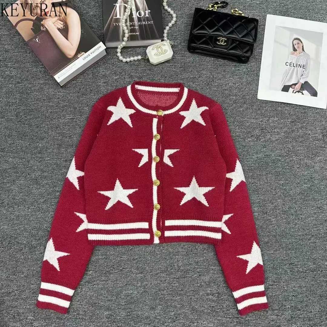 2024 Spring Autumn Star Jacquard Knitted Cardigan Women Vintage O-Neck Long Sleeve Single Breasted Sweater Loose Versatile Tops