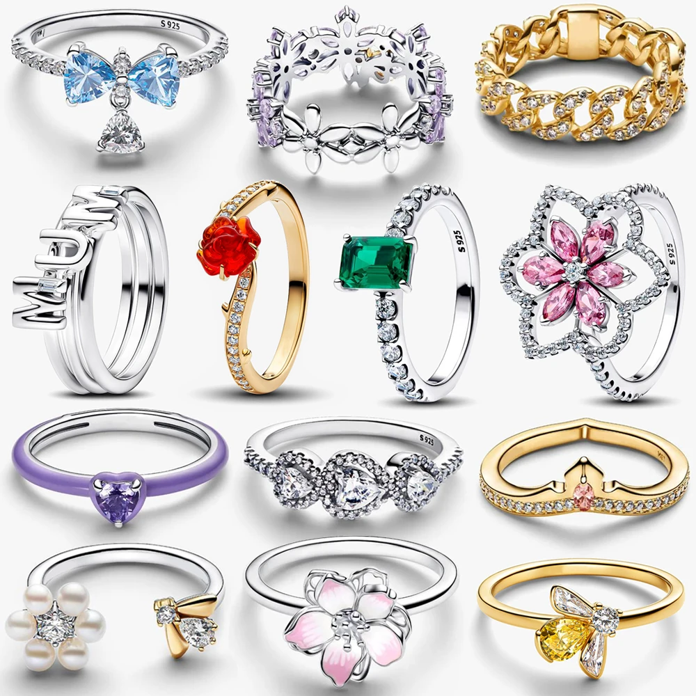 

2026 New 925 Silver Sparkling Bee Specimen Lucky Bow Rose Heart Connected Crown Open Ring DIY Exquisite Charm Jewelry Gift