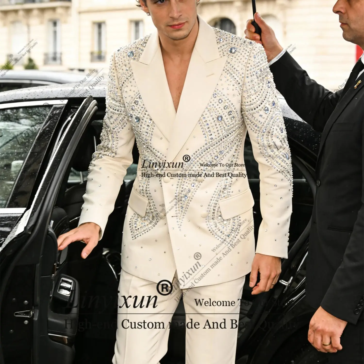 Fashion Rhinestone Crystals Men Suits Customized 2 Pieces Sets Groom Tuxedos Peaked Lapel Ropa Hombre Wedding Male Party Blazer