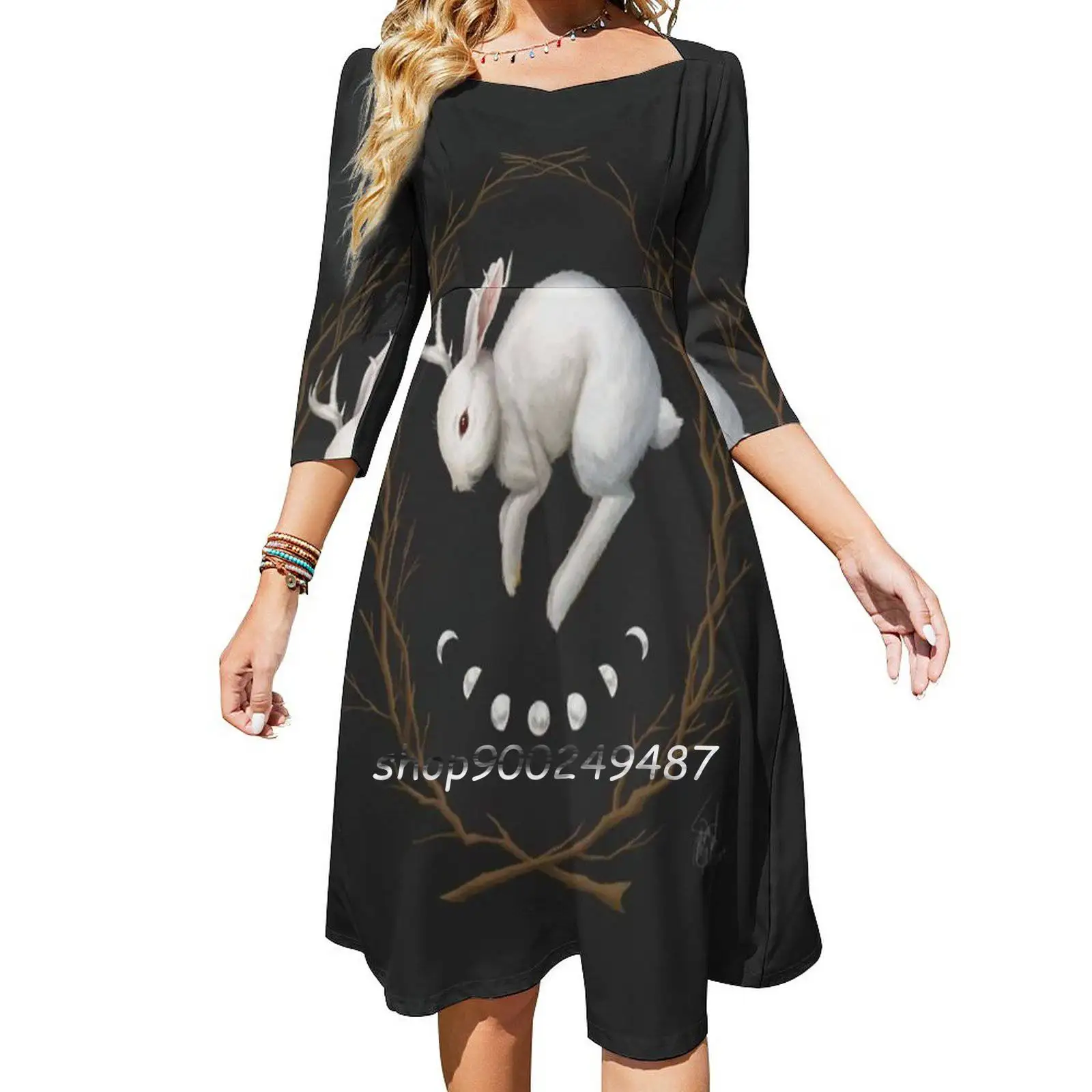 Midnight Run Women Spring Autumn Long Sleeve Dress Female Casual Dress Witchy Goth Occult Jackalope Moon Phases Nature Dark