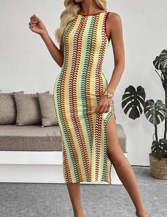 

Women Dresses 2026 Spring Summer New Fashion Striped Round Neck Sleeveless Slim Fit Daily Casual Vacation Slit Long Dress