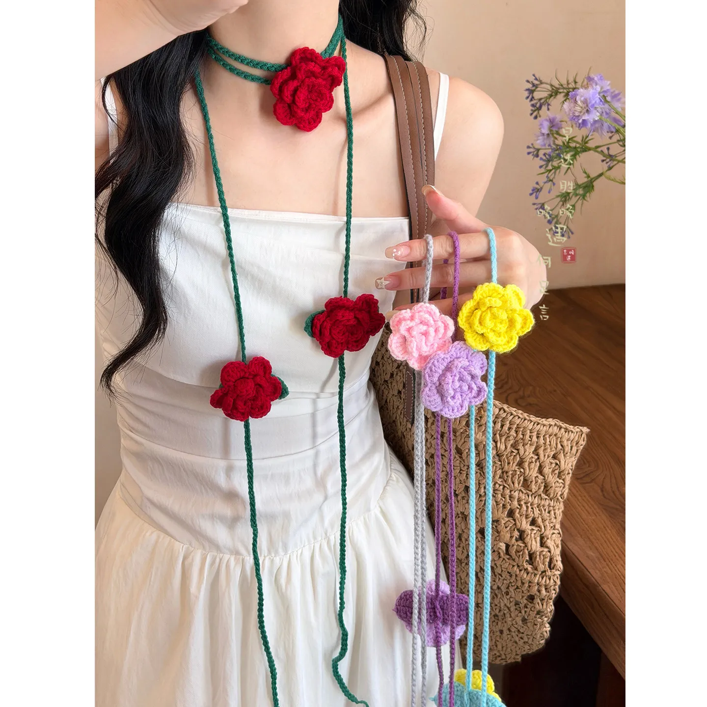 

Korean Knitted Flower Long Necklace Women Multifunctional Waist Chain Dress Neckchain Fashion Body Belt Accessories Headband