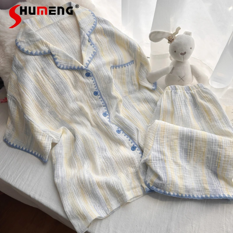 

Sweet Striped Double Layer Pajamas Women's Cotton Gauze Summer Home Wear Female Japanese Style Pure Cotton Set Loungewear