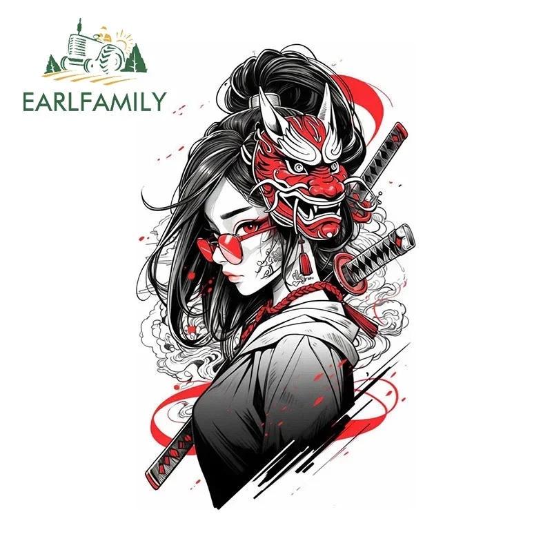 EARLFAMILY 13cm × 7.8cm for Warrior Samurai Girl Oni Mask Car Stickers Simple Cartoon Decals Scratch-Proof Surfboard Car Label