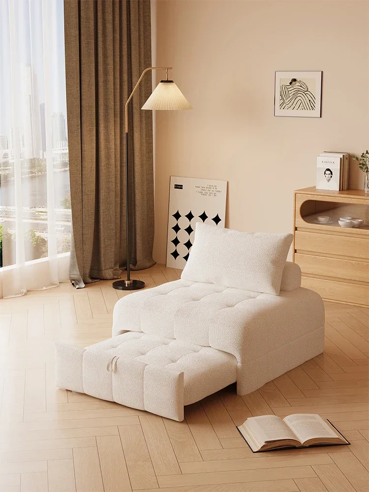 Cremefarbenes Puff-Sofa, Einzelbett, kleines Wohnzimmer-Doppelfunktions-Stoffsofa, Tofu-Block-Design, faltbar und ausziehbar