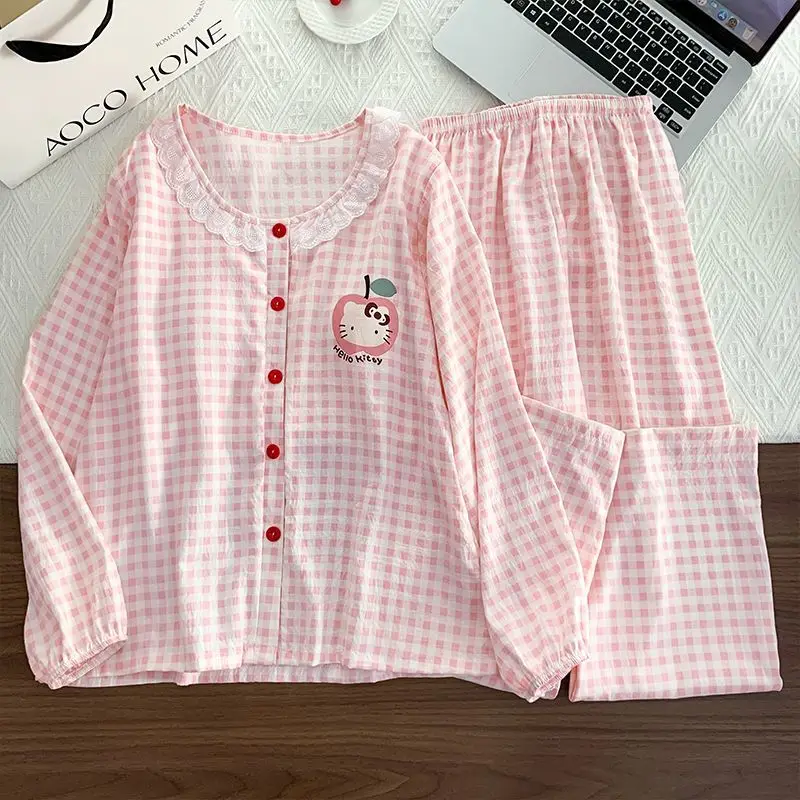 

Sanrio Cute Pajama Set Hello Kitty Pyjama Spring Nightgown Long Sleeve Pant Sleepwear Cloud Cotton Pijama Women Home Clothes New
