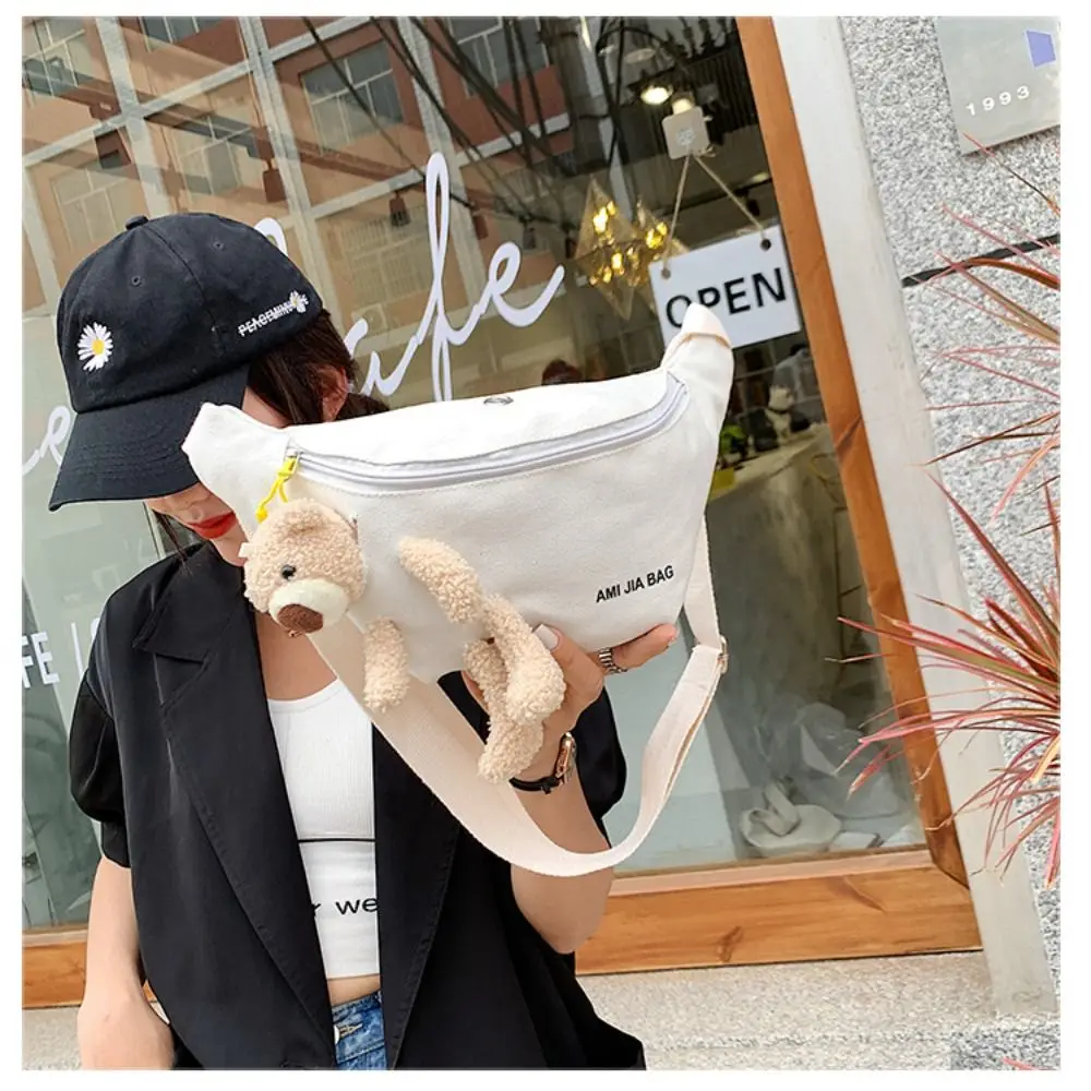 1PC Women\'s Cute Bear Waist Bag Canvas Belt Bags Designer Crossbody Chest Bag Female Solid Fanny Pack Banana Hip Purse