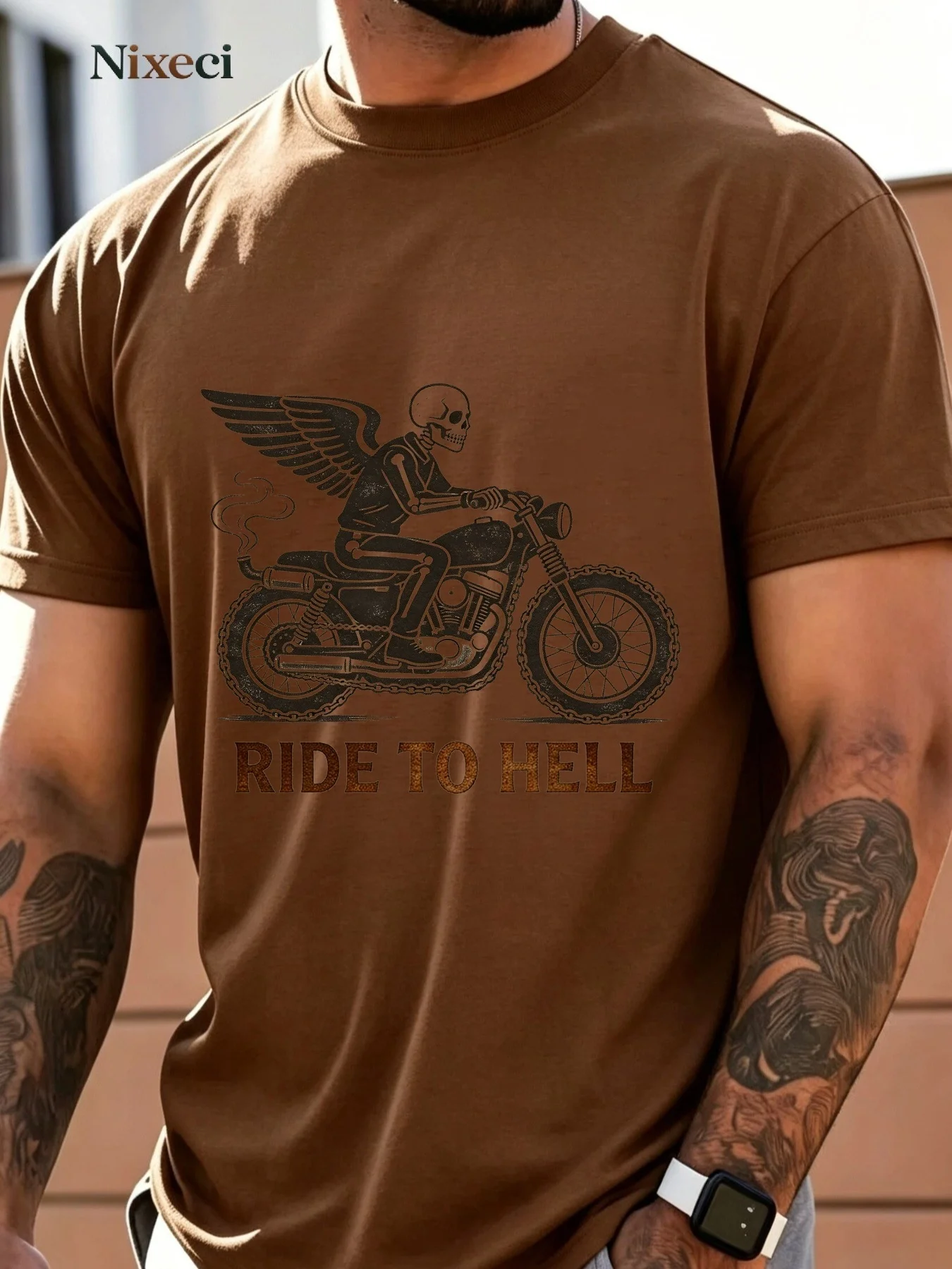 Nixeci Men'S Graphic T-Shirt, Skeleton Winged Motorcycle Ride to Hell Print, for Biker Enthusiasts, Multiple Colors Available, Breathable Comfort Fabric, Ideal Gift for Father'S Day