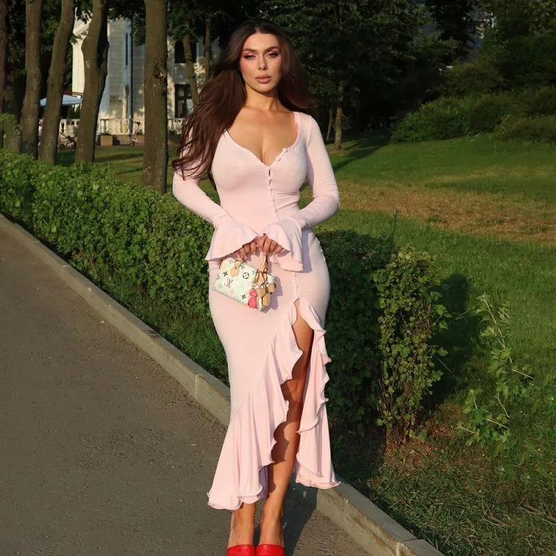 

New Sexy Solid Color Long Dress Waisted Bell Sleeve Dress Single Breasted Side Slit Button Low Neck Irregular Hemline Ropa Mujer