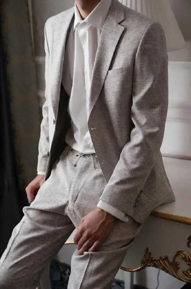 Soft Linen Men Suits 2 Pieces Slim Fit Jacket Pants Notch Lapel Summer Breathable Blazer Casual Occasion Office Customized