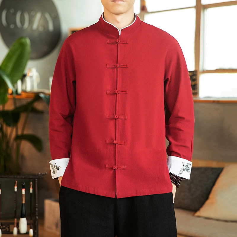 Spring and Autumn Red Tang Coat with Fairy Crane Embroidery Traditional Chinese Men's Vintage Long Sleeved Linen Kung Fu Shirt