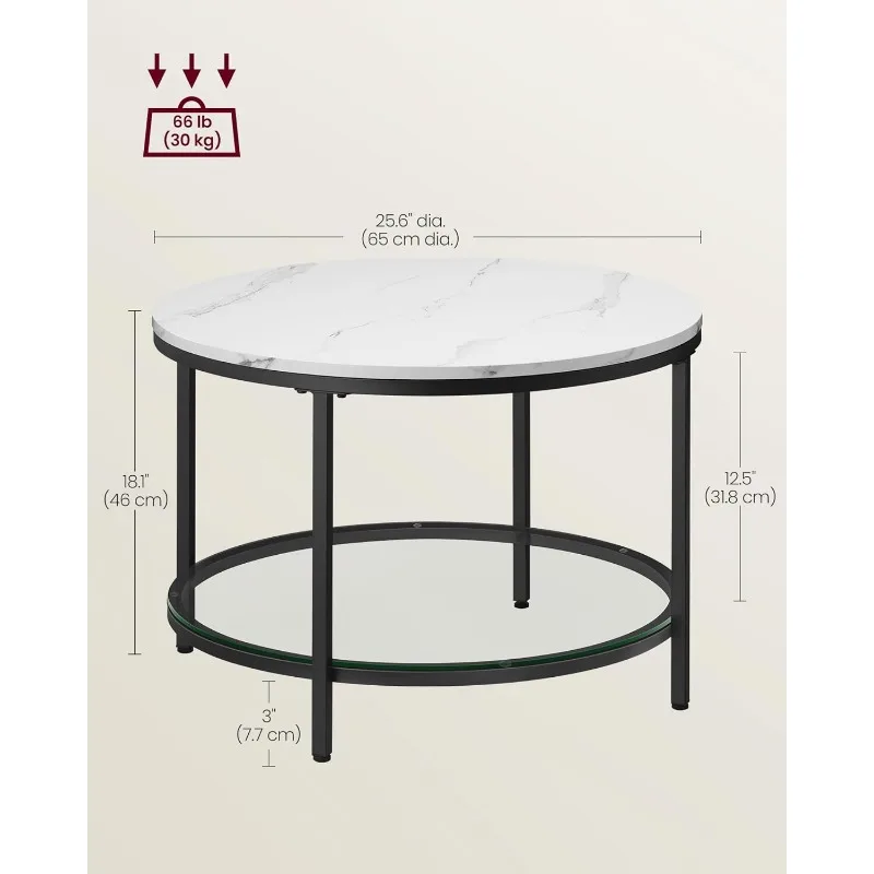 Small Coffee Table with Faux Marble Top and Glass Storage Shelf, 2-Tier Circle