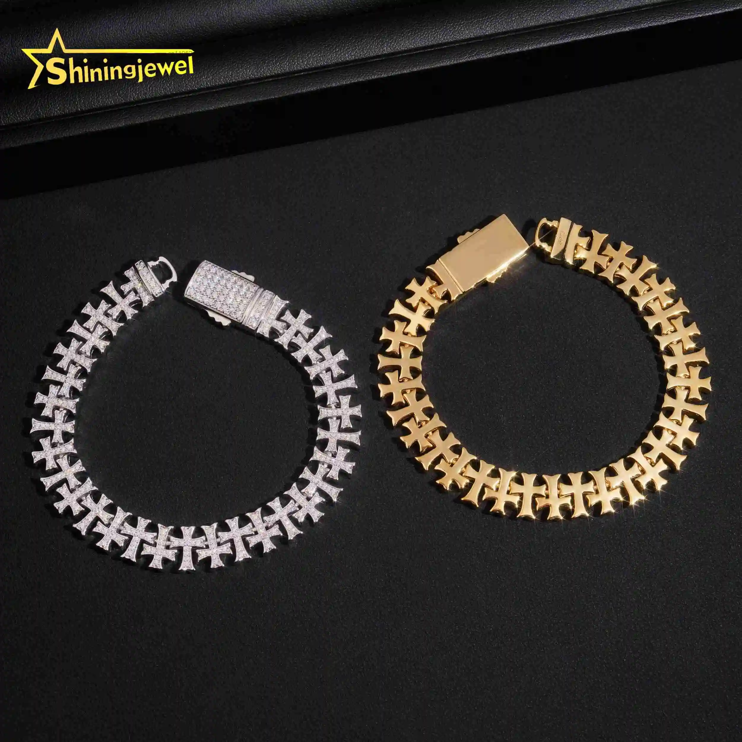Pass Test Diamond Moissanite Iced Out Cross Bracelet 925 Sterling Silver Gold Plated Hip Hop Jewelry Cuban Men's Bracelet..
