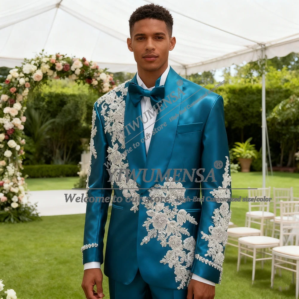 

Кружевные свадебные костюмы с камнями из бисера для мужчин, пиджак с шалью и лацканами, индивидуальный комплект из 2 предметов, наряд для банкетной вечеринки, костюм Homme, смокинги для жениха
