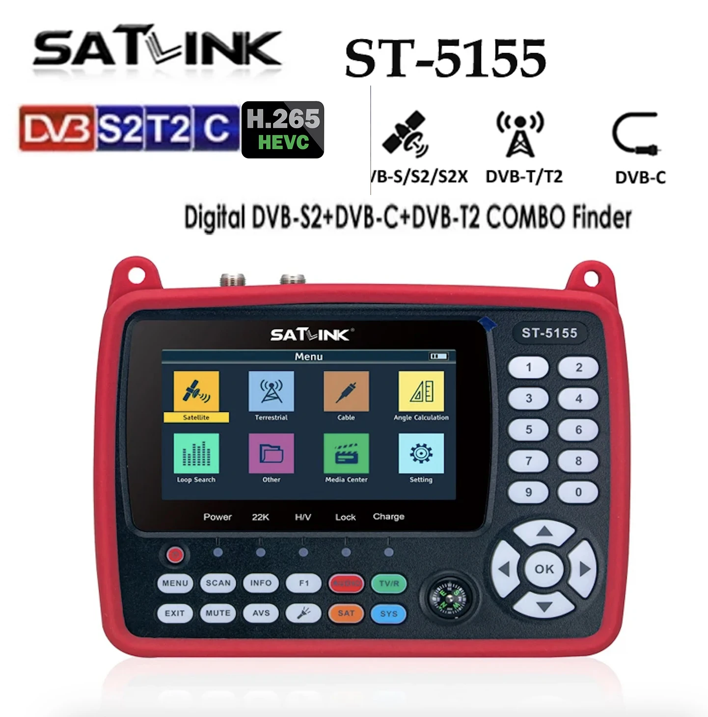 Satlink ST-5155 DVB-S2+DVB-C+ DVB-T2 Combo MPEG4 HD H.265 Meteran Pencari Satelit H.265 HEVC Qsk 8sk 16APSK 4.3 inch VS ST-5150