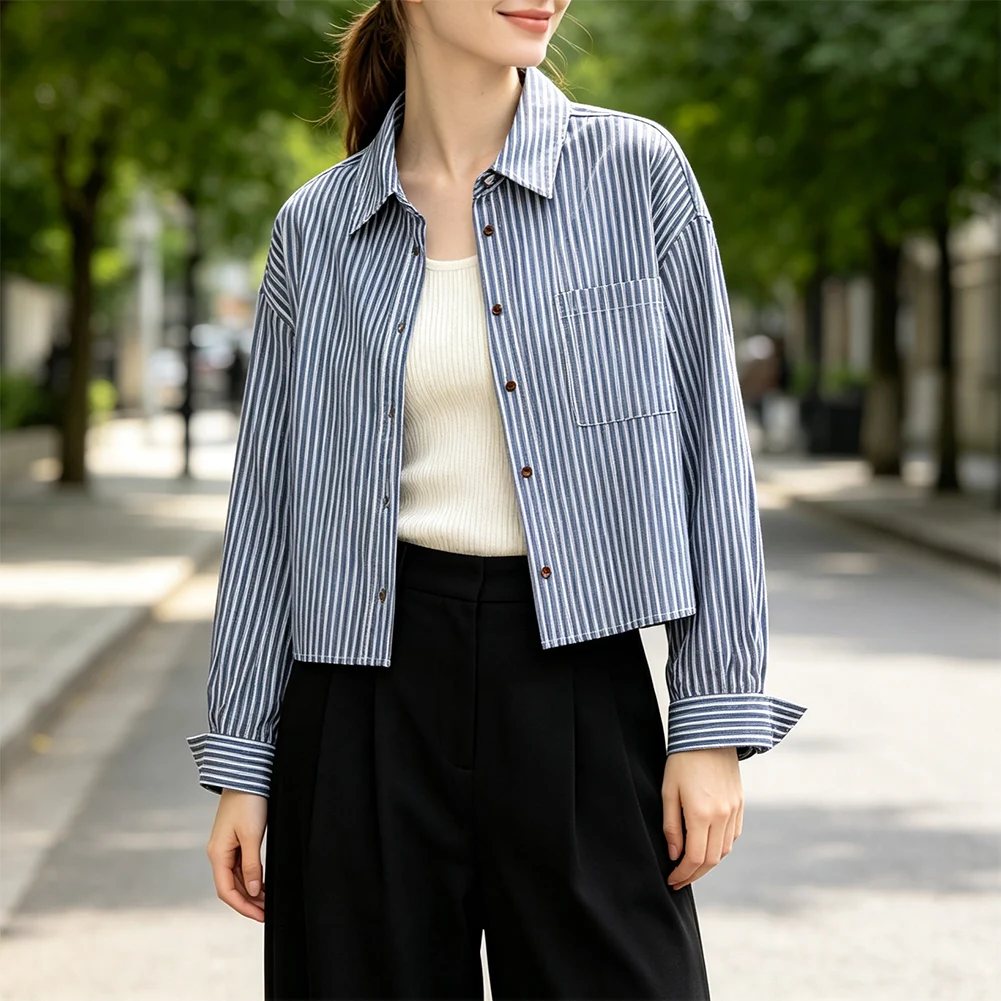 Button Open Front Blouse Blouses Fashion Vacation Blouse XL Stripe Button Front for top Polyester Fabric Blend New Condition