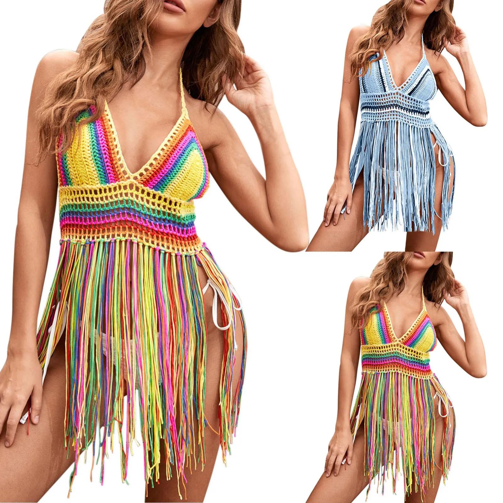 Women\'s Bikini Cover Ups Color Hand Crocheted Knit Vintage Tassel Dresses Vacation Swimwears Cover-Ups Dress For Female