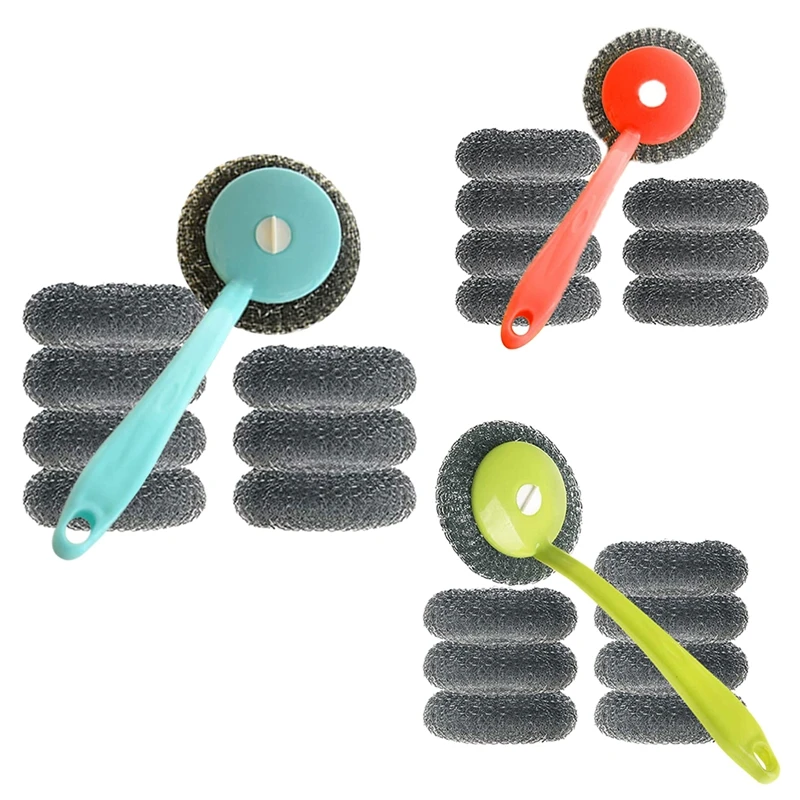 Stainless Steel Sponges Scourer Set With Handle Pack Of 8,For Cookware,Pot Brush,Stovetops,Removing Tough Dirt