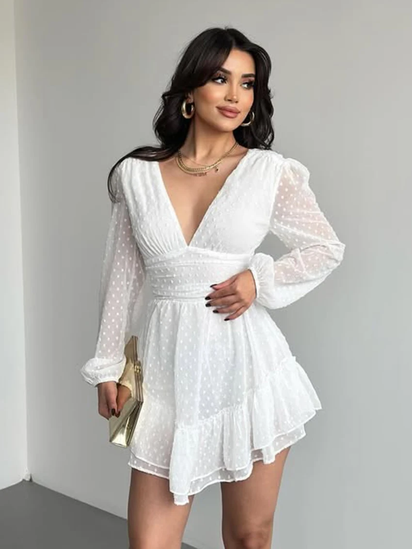 Marthaqiqi White Elegant Women Nightwear Long Sleeve Sleepwear V-Neck Pajamas Lace Up Pyjamas Mini Dress Casual Ladies Nightgown