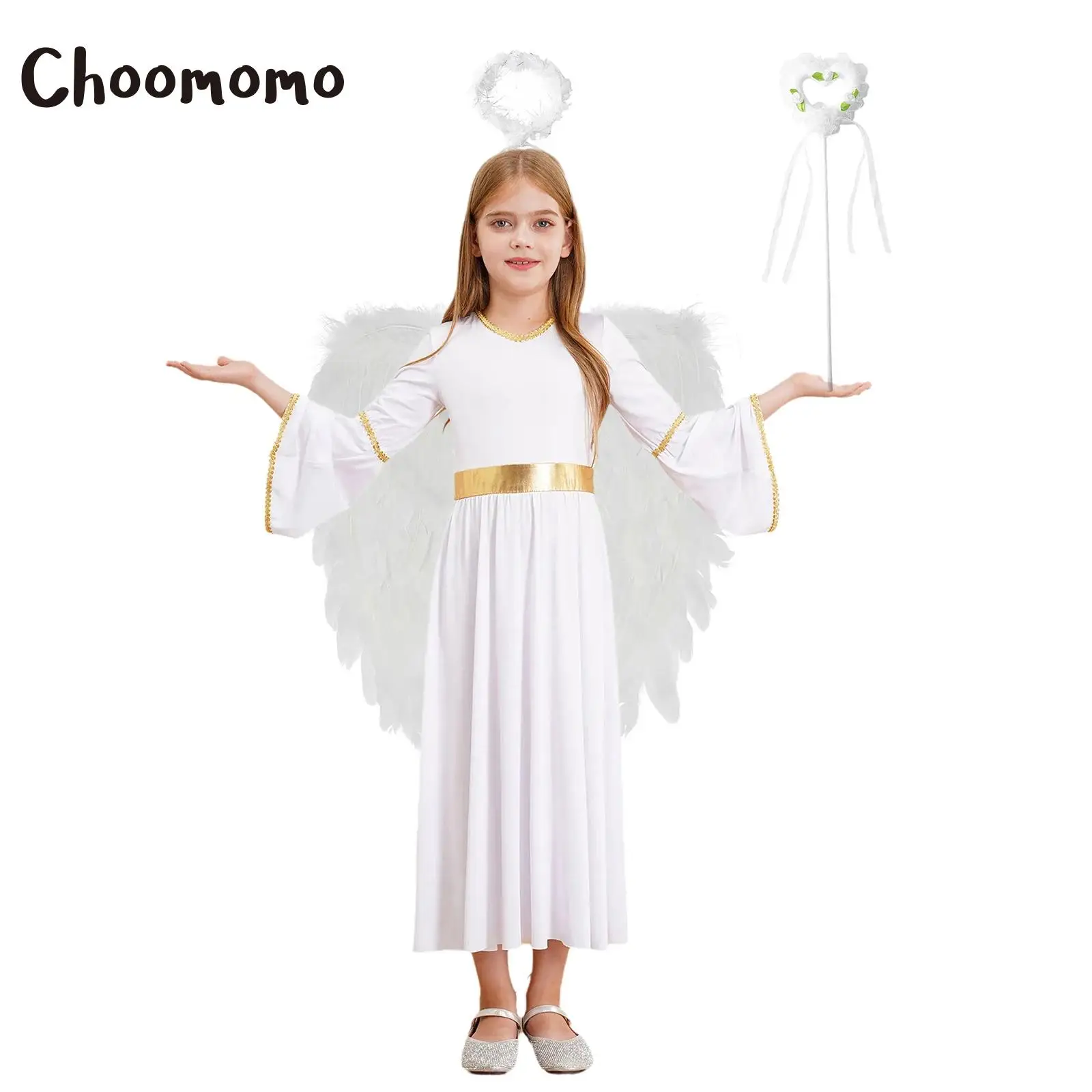 

Girls Angel Cosplay Costume Greek Princess Dress with Feather Angel Wings Headband Fairy Sticks Outfits Halloween Performance