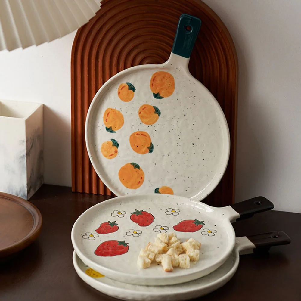 

Креативная керамическая сковорода для пиццы с фруктовым узором, круглая тарелка с чернилами и ручкой, милые фарфоровые блюда для макарон, сервировочные тарелки для стейка