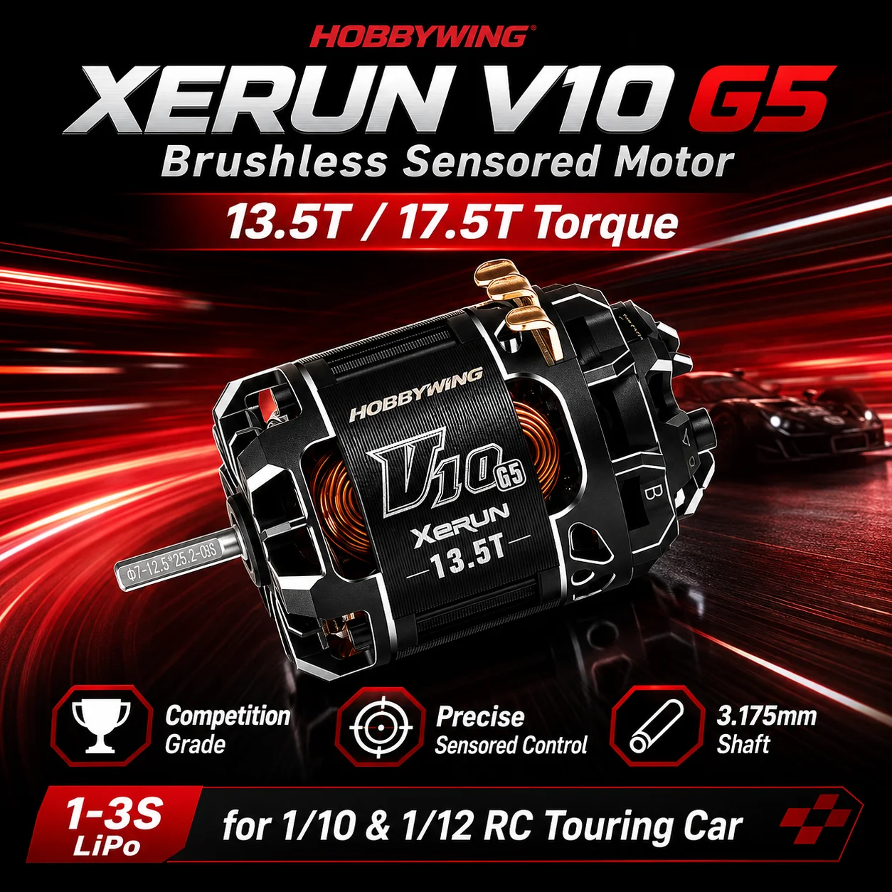HOBBYWING XERUN V10 G5 Sensored Brushless Motor 13.5T 17.5T Torque 4050KV 3900KV 3000KV 1-3S Li-Po for 1/10 1/12 RC Touring Cars