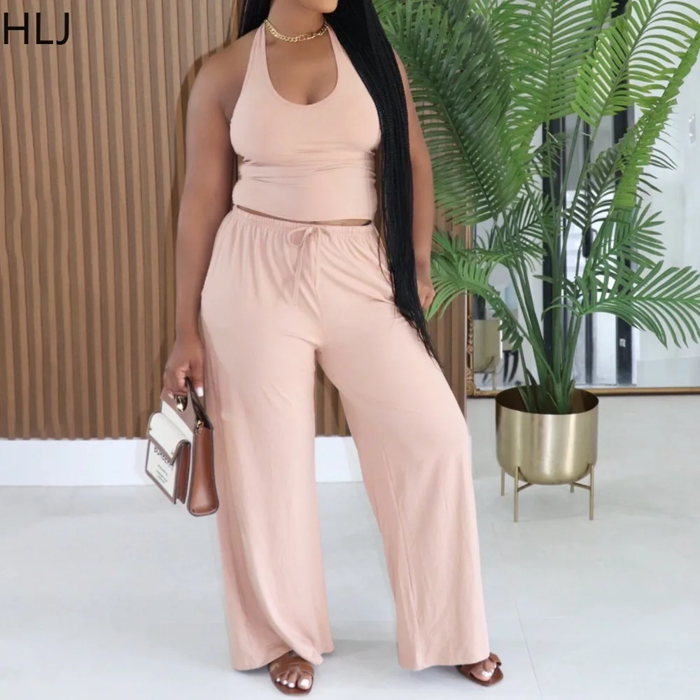 

HLJ Casual Solid Color 2 Pieces Set for Woman Halter Sleeveless Backless Crop Top and Wide-leg Pants Matching 2026 Summer New