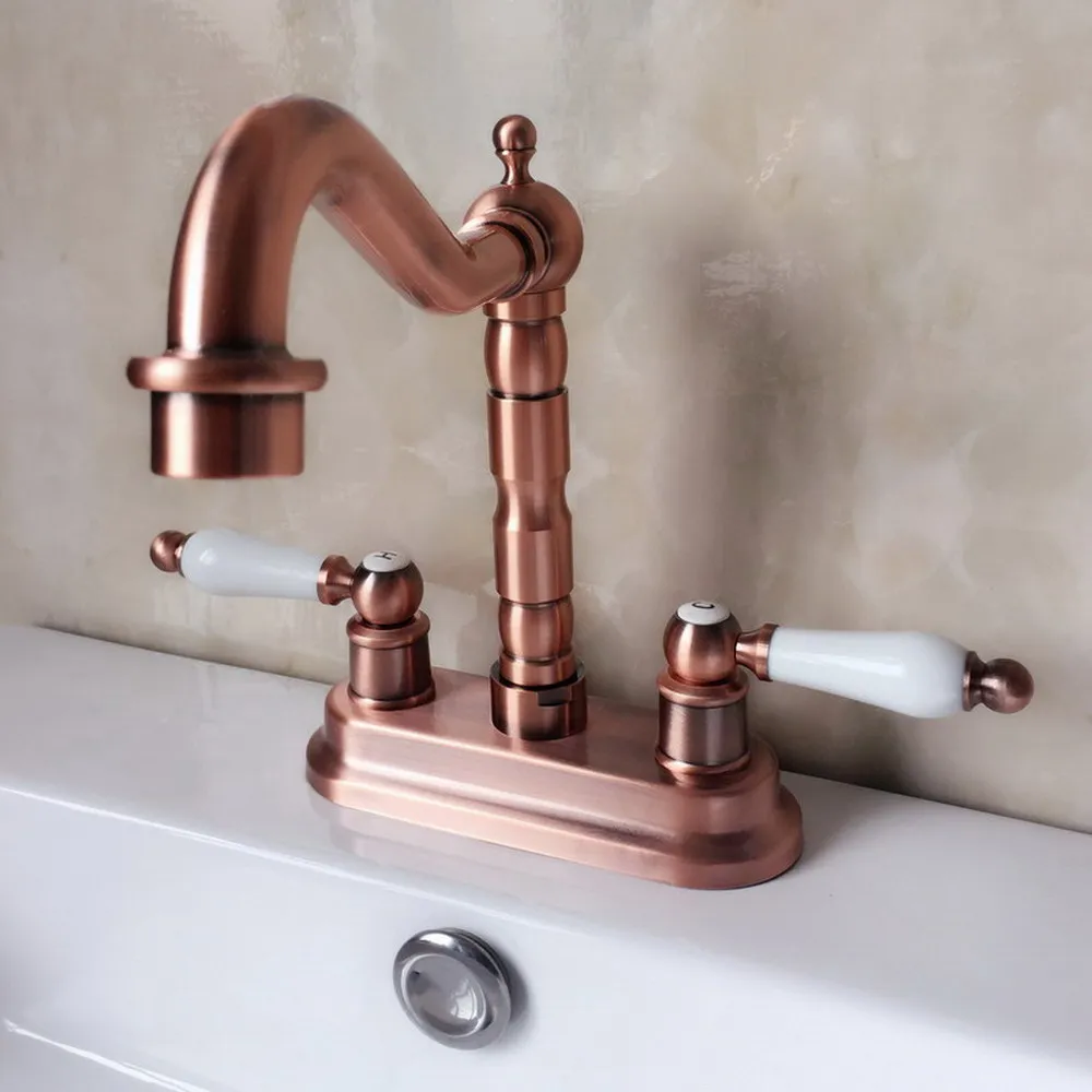 

Deck Mounted 4" Centerset 2-hole Antique Red Copper Bathroom Faucet Wash Basin Mixer Sink Taps Swivel Spout Faucets trg043