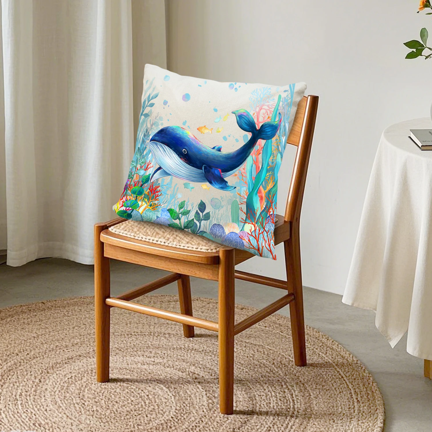 Blue Whale Linen Cushion Cover Underwater Sea Life Artwork Throw Pillow Case Nautical Beach Coastal Decor Couch Sofa Bedroom