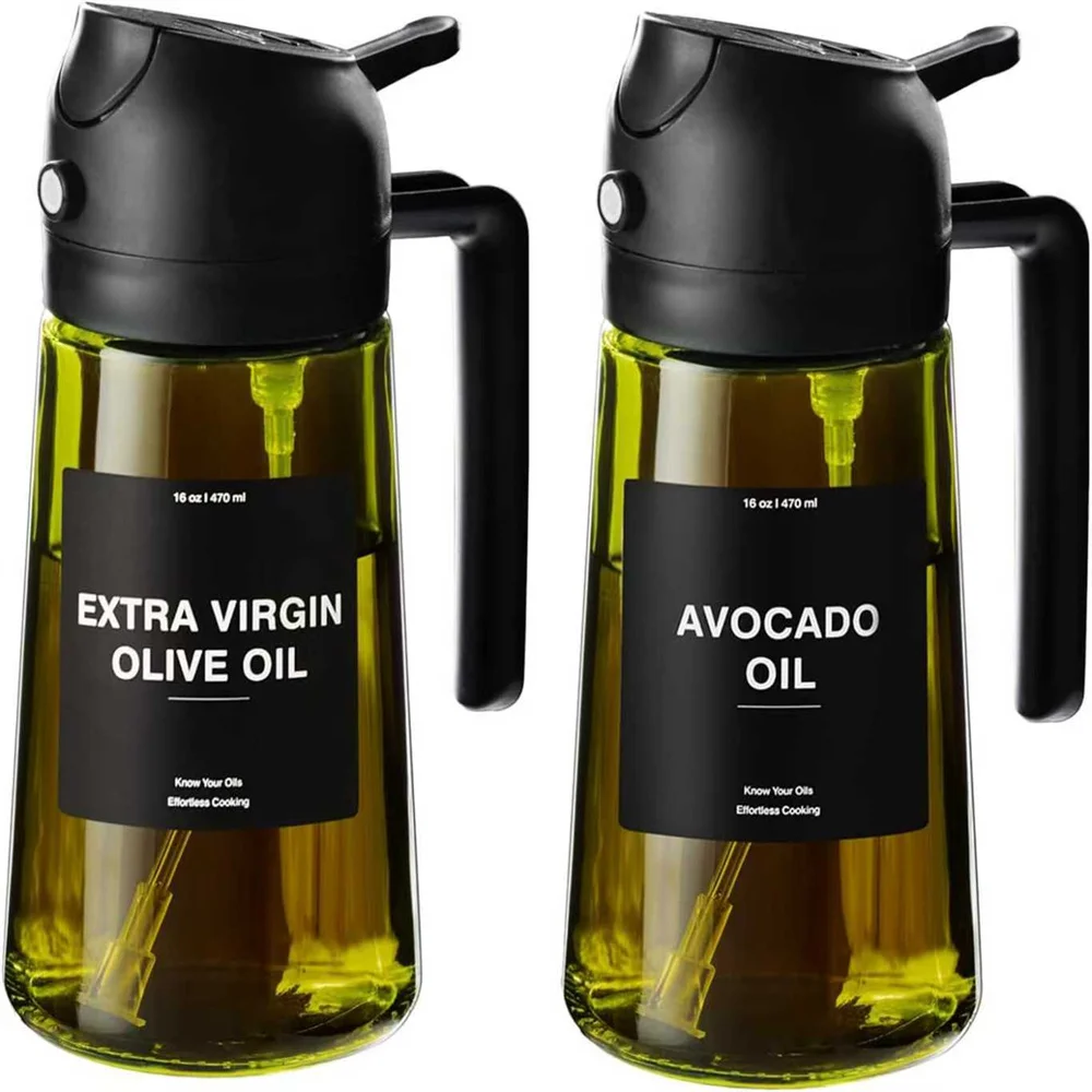 Olijfoliedispenser, sproeier voor koken 2 in 1 spray en giet, donkergroene glazen oliefles met stickers, 16oz/470ml oliespuit