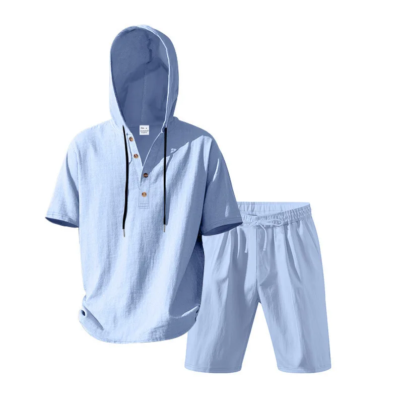 

Cross-border spring and summer linen men's suit loose and breathable hooded Henry short-sleeved shorts casual breathable suit
