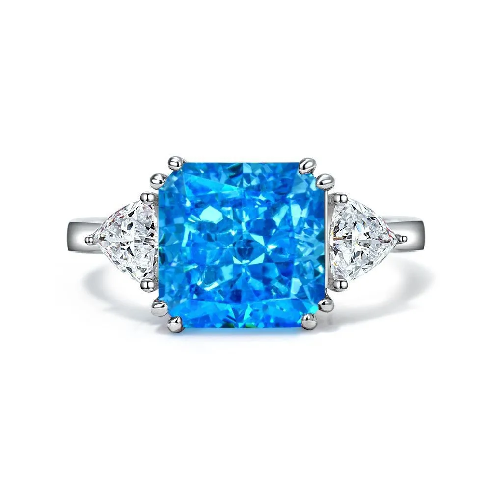 

Sea Blue 5ct High Carbon Diamond Ring Square Ice Flower Cut European and American Light Luxury Ring for Women's Wedding Jewelry