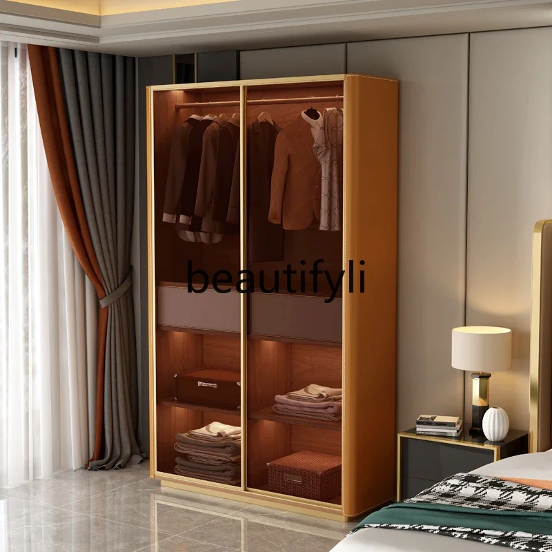 

Light luxury high-end saddle leather sliding sliding door wardrobe household simple bedroom tempered glass