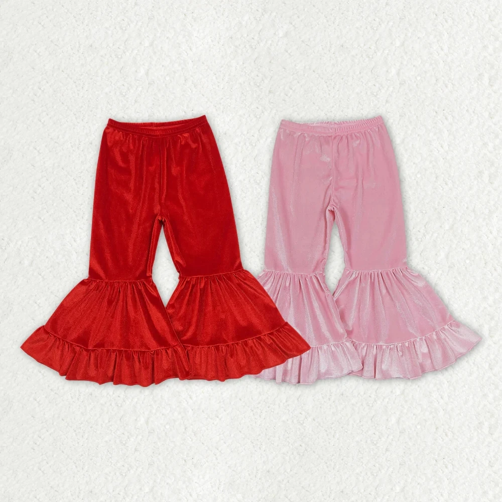 Wholesale hot sale western boutique Children's Clothing Baby Girls trousers Red Pink Velvet Ruffle Valentines Bell Bottom Pants