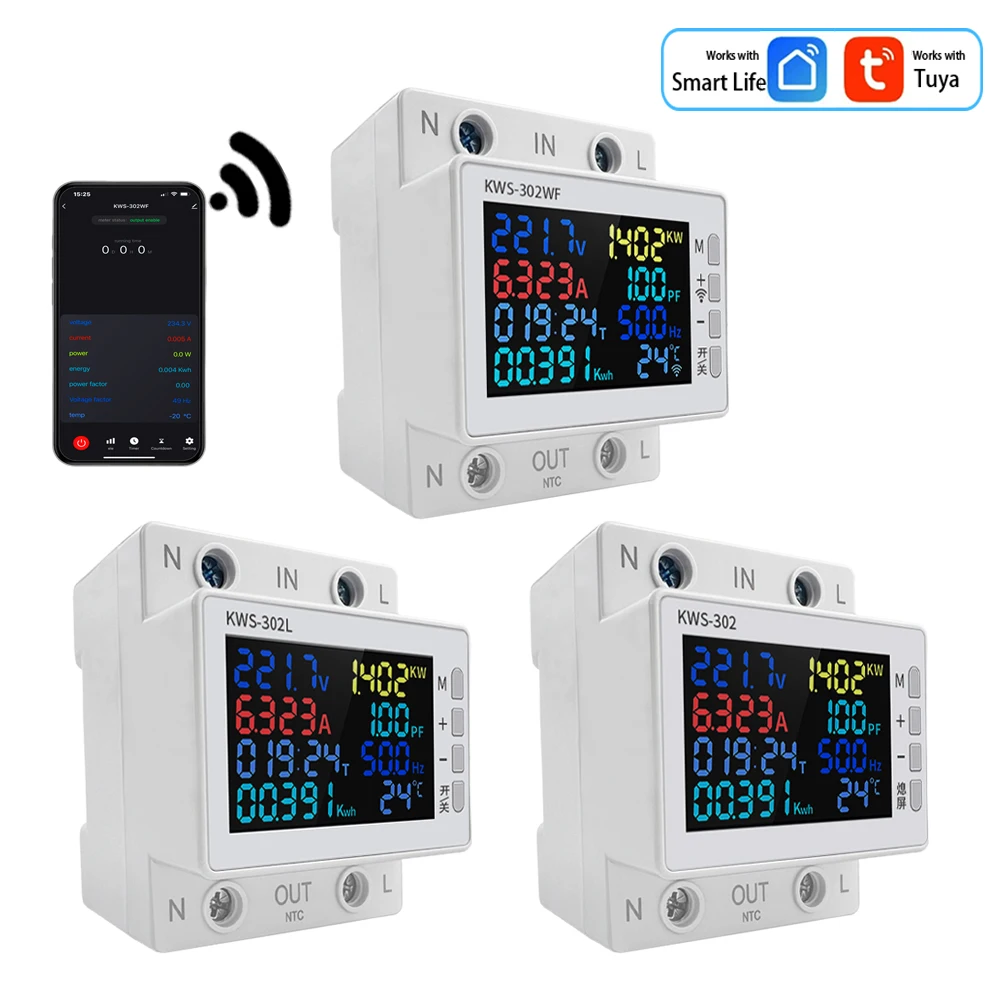 Tuya WiFi 8-in-1 Energy Meter 2P AC Energy Meter APP Control 170-270V/63A Voltage and Current Meter